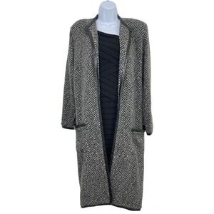 St. John by Marie Gray Tweed Knit Leather Trim Long Coat Size 10